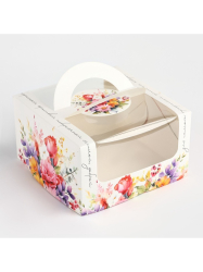 Изображение Коробка под бенто-торт с окном «Нежные цветы», 14×14×8 см